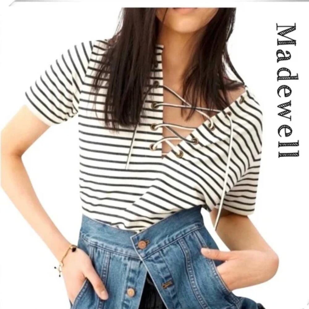 MADEWELL Striped Lace-Up Top White Black Nautical Short Sleeve Cotton F1720 M